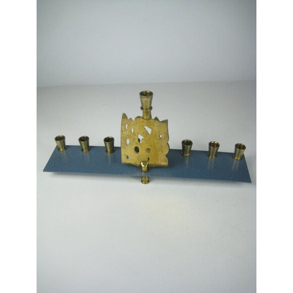 Rite Lite Brass Hanukkah Menorah Made In USA Blue Base Decorative Design - Picture 8 of 12